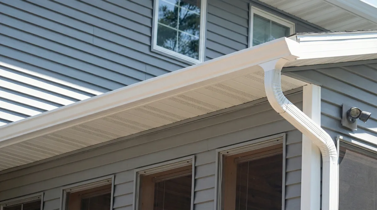 Professional home remodeling project showing newly installed white seamless gutters and downspouts on a house with gray siding in Anaheim, CA