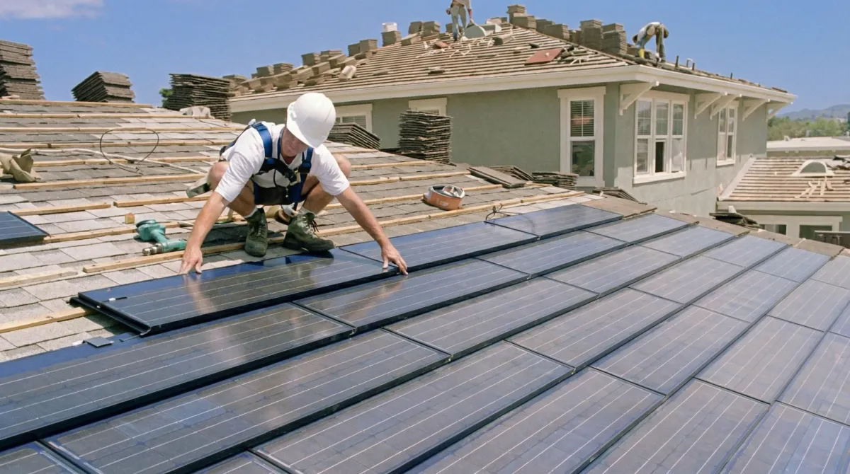 Roof replacement expert installing modern solar shingles on a residential home in Anaheim, CA