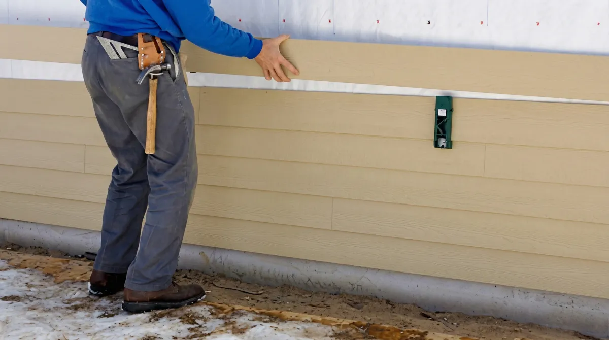 Siding replacement expert carefully aligning a new tan siding panel onto a residential exterior wall in Anaheim, CA