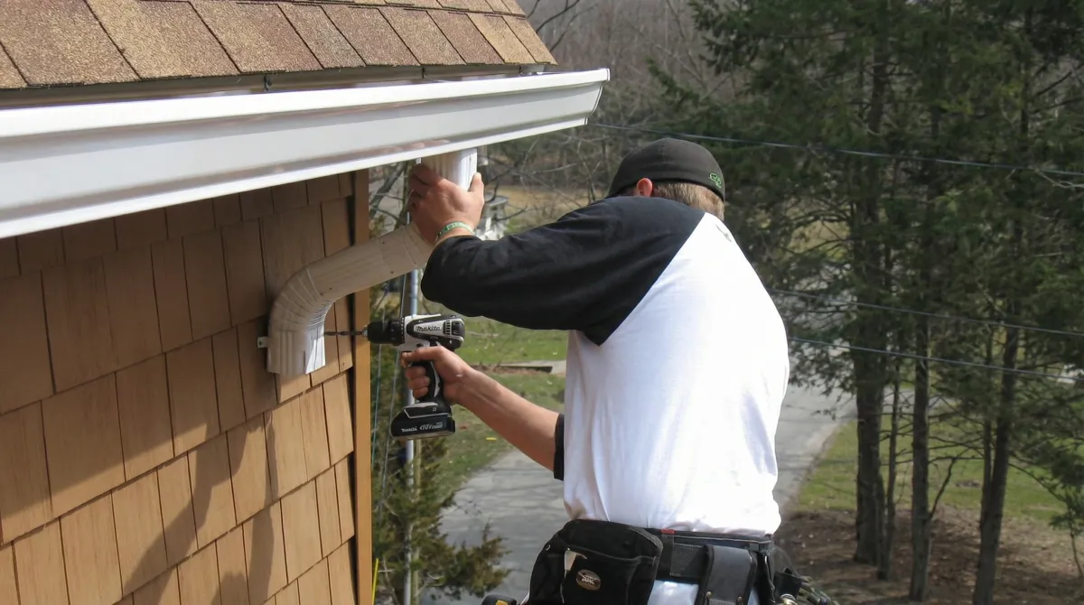 Professional contractor installing tan vinyl siding panels on a residential home exterior in Anaheim, CA