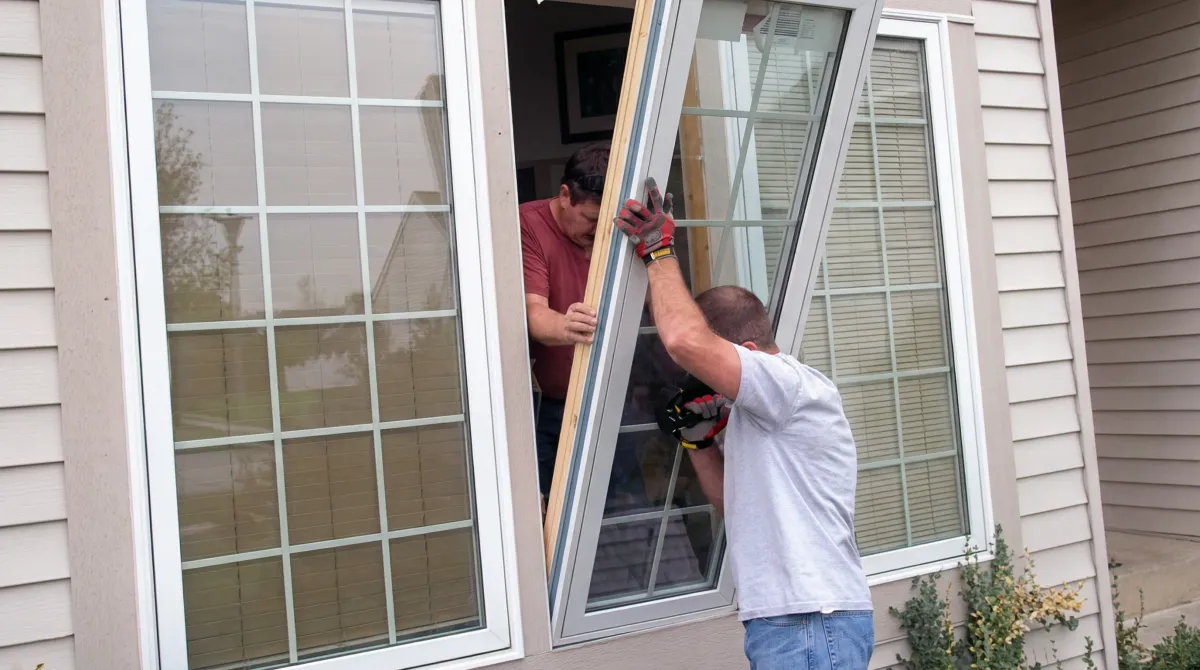 Professional home remodeling team installing a large replacement window on a house with tan siding in Anaheim, CA
